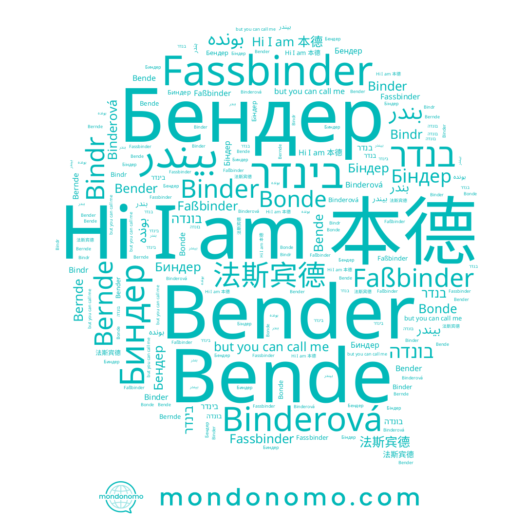 name Binderová, name Бендер, name بندر, name 本德, name 法斯宾德, name Bender, name בינדר, name Биндер, name Bindr, name بيندر, name Fassbinder, name Binder, name בונדה, name Bonde, name Bende, name Біндер, name Bernde, name Faßbinder, name بونده, name בנדר