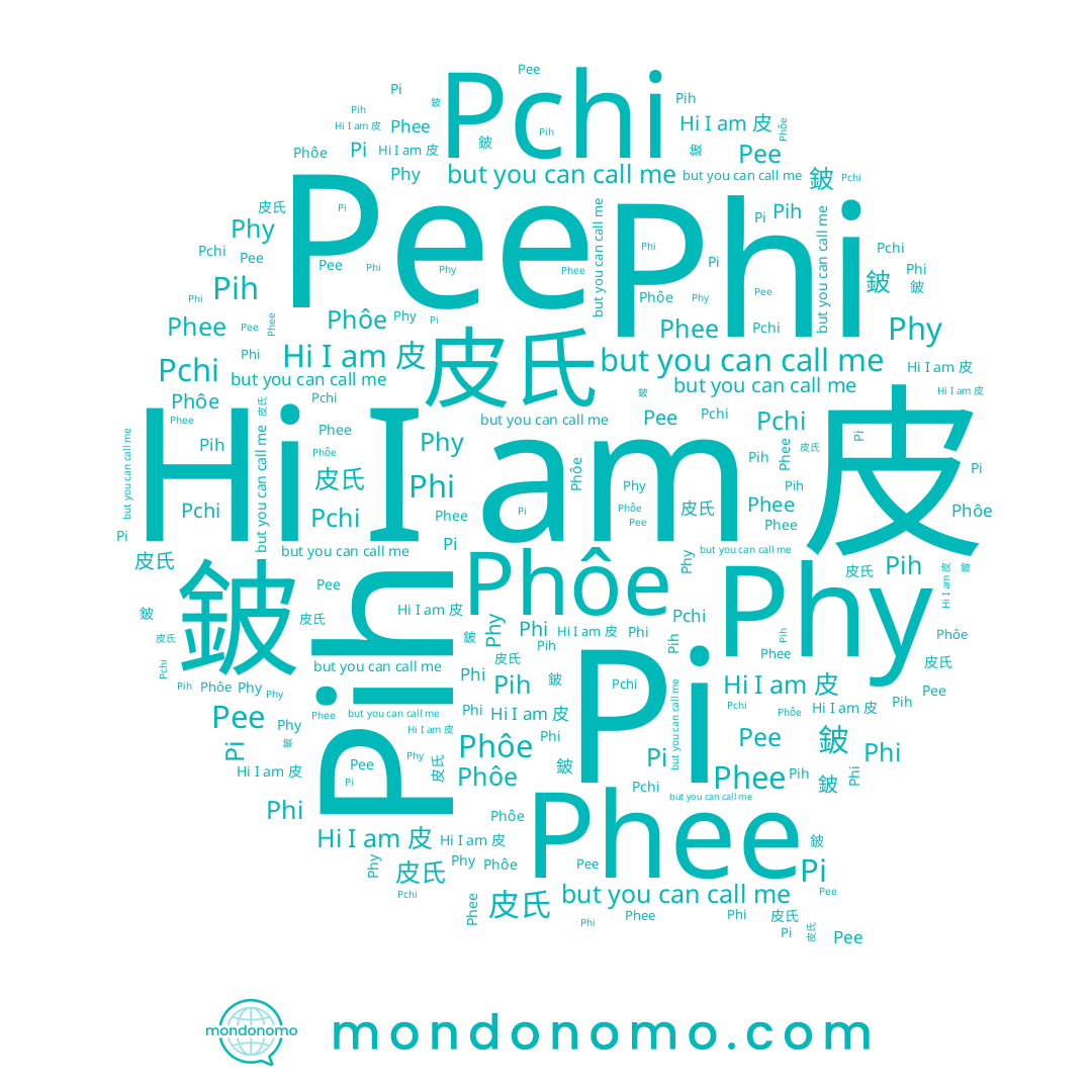 name Pchi, name Phee, name Phy, name 鈹, name Pi, name Phi, name Pee, name Phôe, name 皮, name 피, name Pih, name 皮氏