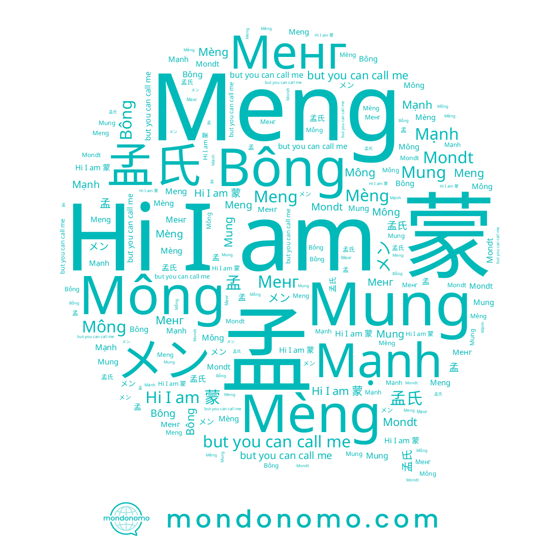 name Менг, name メン, name Meng, name Mondt, name Bông, name Mông, name 蒙, name 孟, name Mèng, name Mạnh, name Mung, name 孟氏