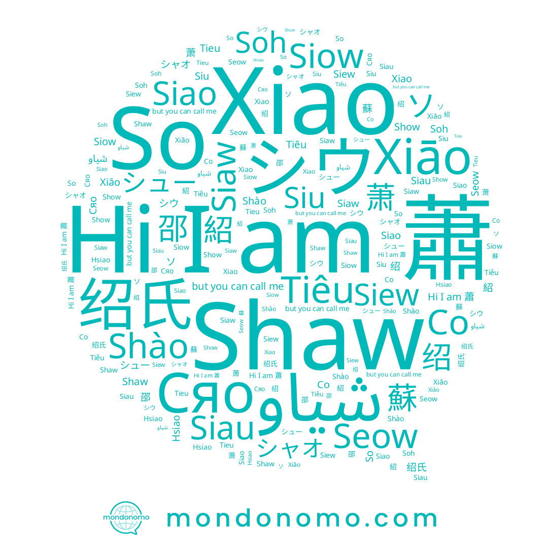 name Seow, name Xiao, name シュー, name 萧, name 蘇, name Tiêu, name Siew, name Siau, name Siao, name Tieu, name 绍氏, name 绍, name Siaw, name シャオ, name Сяо, name Siow, name Siu, name Со, name 소, name Shào, name 蕭, name شياو, name 紹, name Shaw, name シウ, name Show, name Xiāo, name 邵, name Soh, name Hsiao, name So, name ソ
