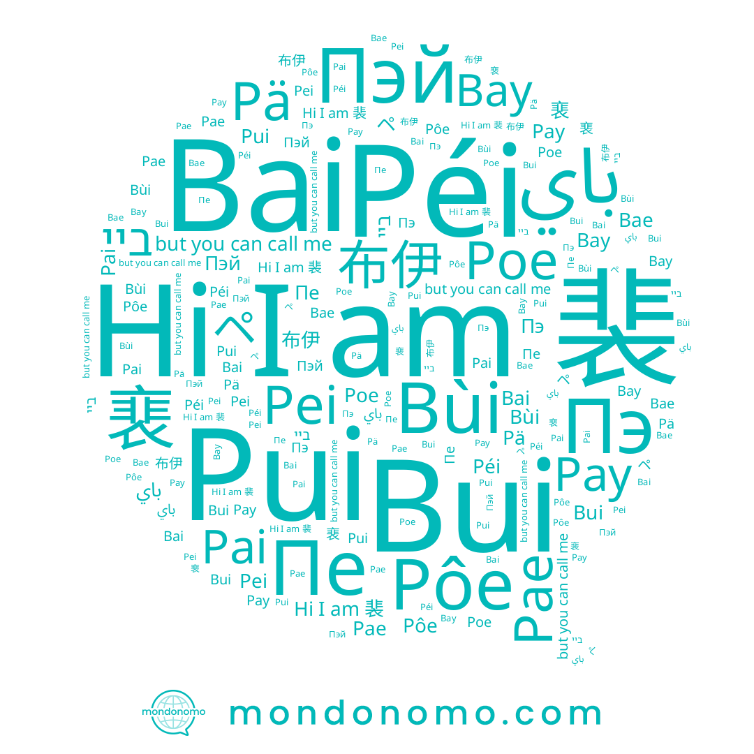 name Péi, name Пе, name 裵, name Bae, name Pui, name Pay, name Poe, name Pai, name 배, name Pei, name باي, name 裴, name Bay, name Пэ, name Bùi, name Pä, name ペ, name Bai, name ביי, name Pae, name 布伊, name Pôe, name Пэй, name Bui
